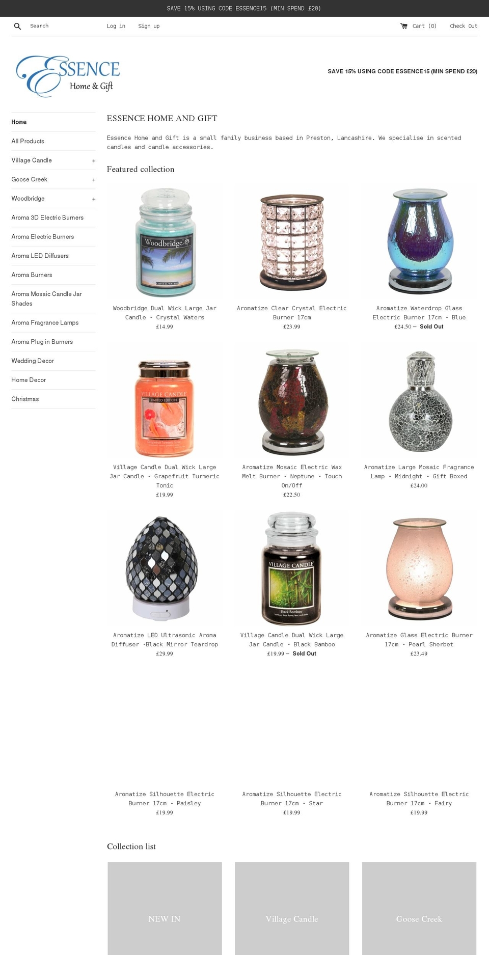 essencehomeandgift.co.uk shopify website screenshot