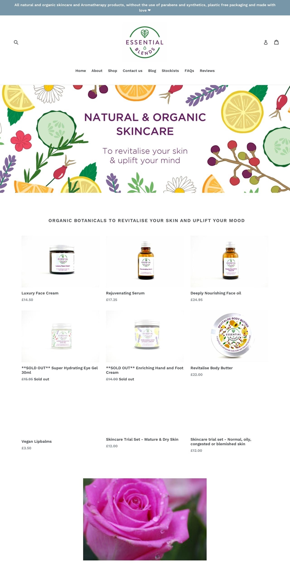 essentialblendsskincare.co.uk shopify website screenshot