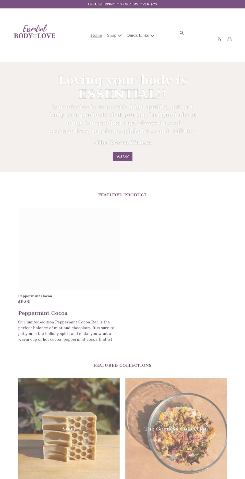 essentialbodylove.net shopify website screenshot