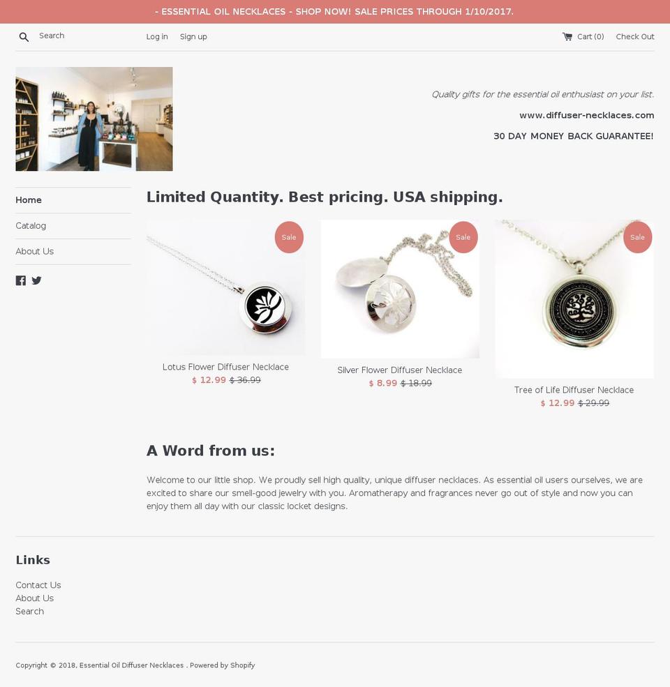 essentialoilnecklaces.com shopify website screenshot