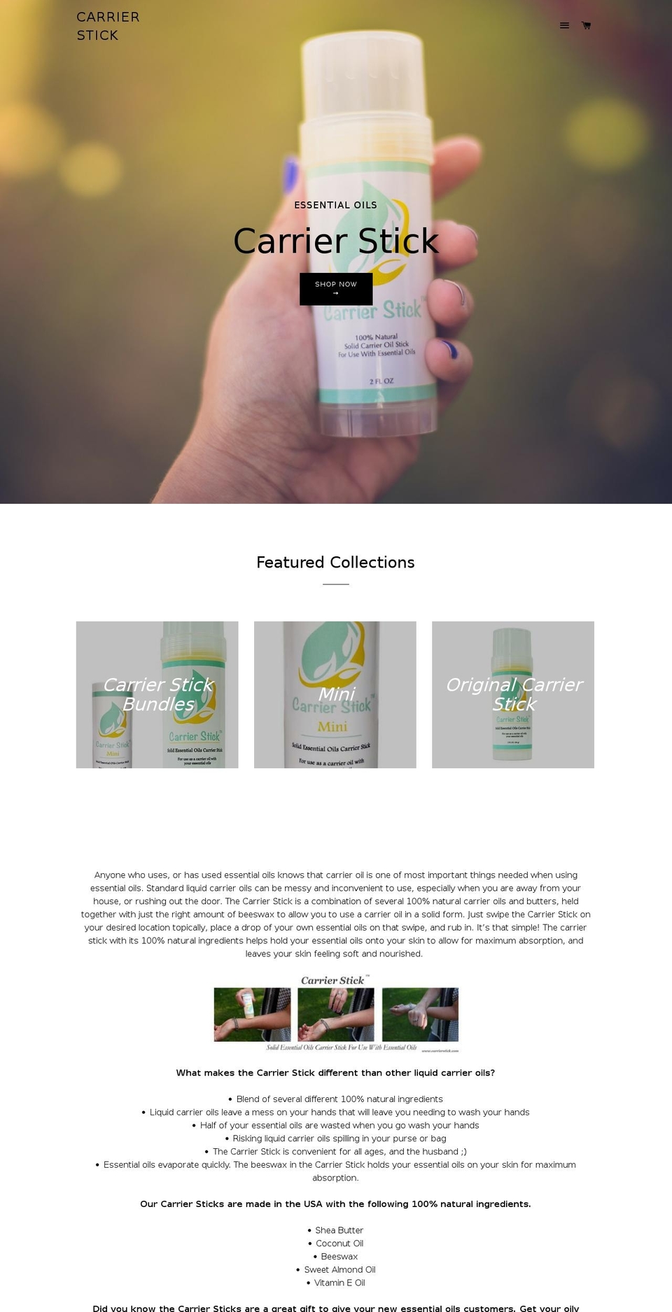 essentialoilscarrierstick.com shopify website screenshot