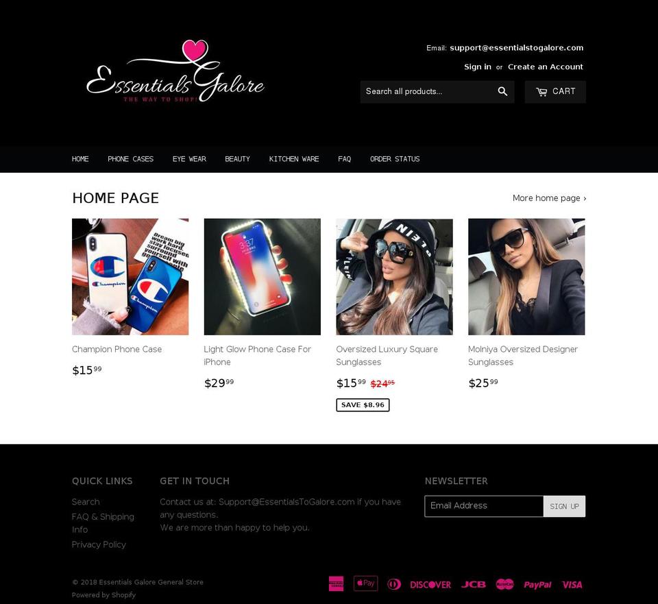 essentialstogalore.com shopify website screenshot