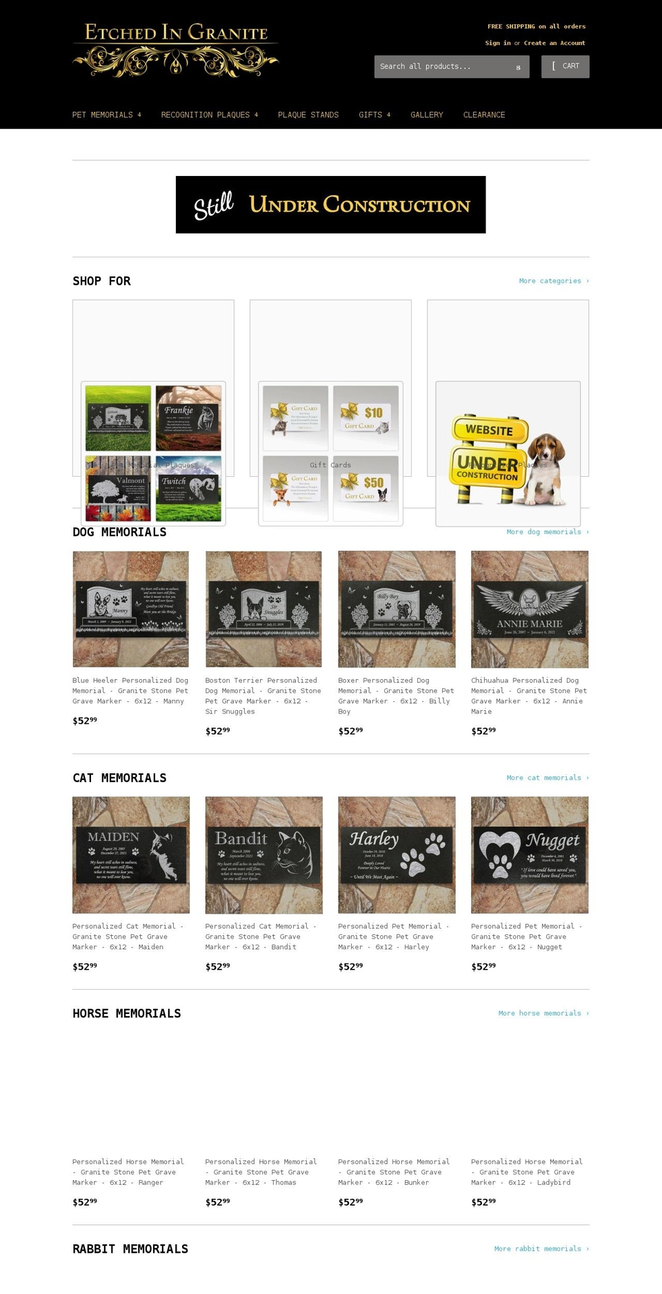 etchedingranite.com shopify website screenshot