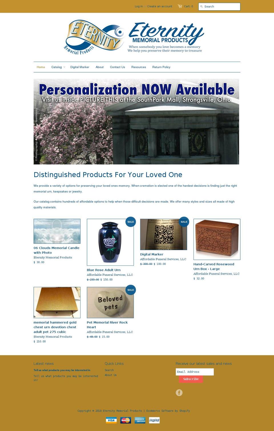 eternitymemorialproducts.com — Shopify storefront screenshot