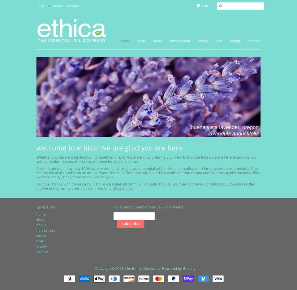 ethicalessentialoils.com shopify website screenshot