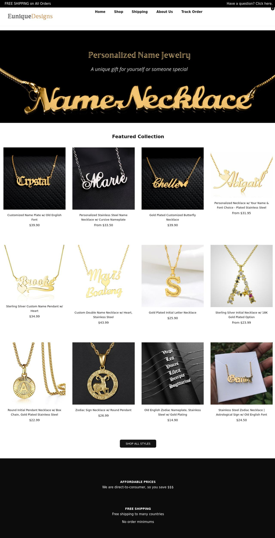 euniquedesigns.com shopify website screenshot