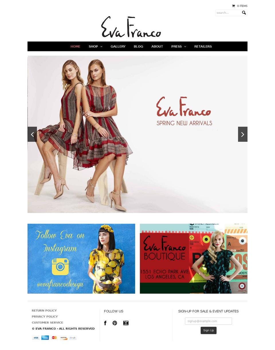 Shella Shopify theme site example evafranco.com
