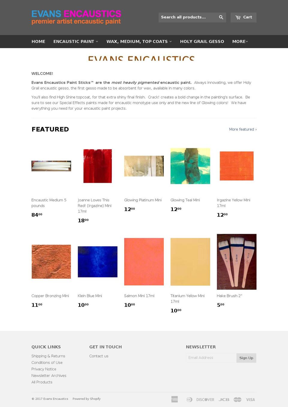 evansencaustic.com shopify website screenshot