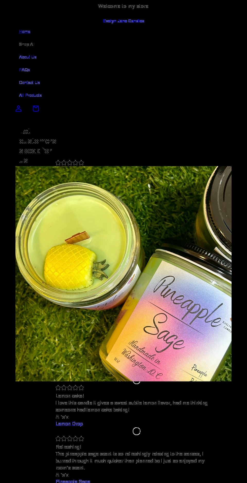 evelynjanecandles.com shopify website screenshot