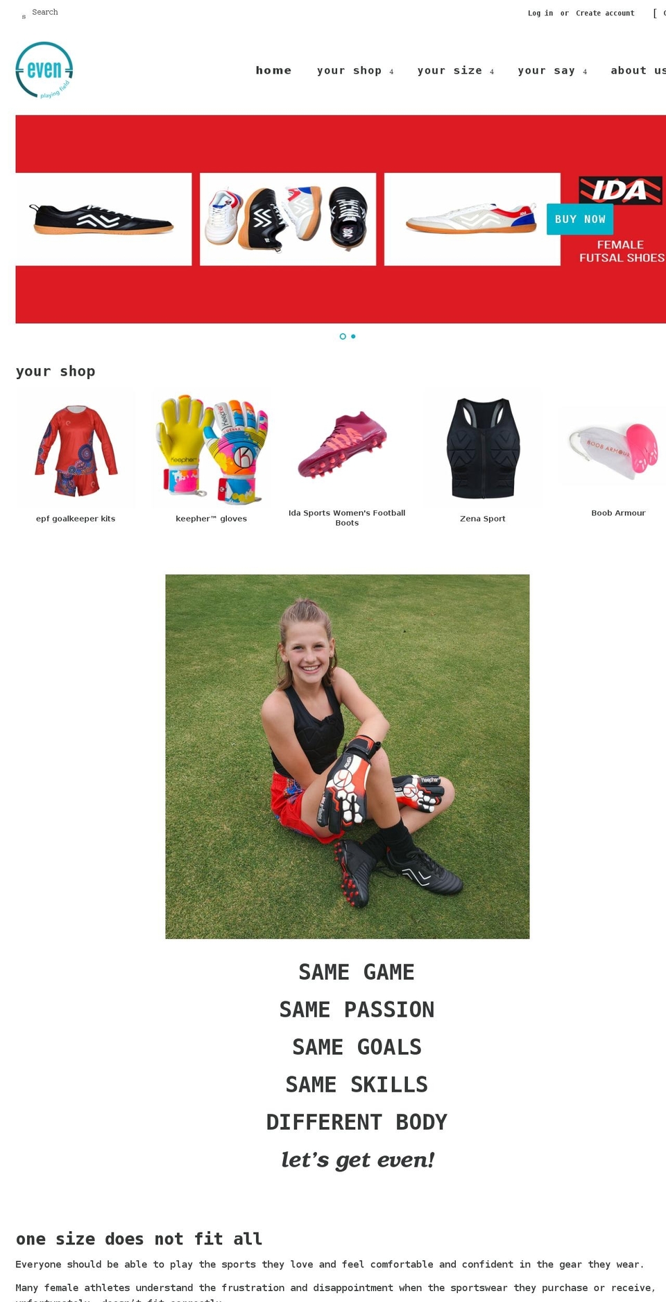 evenplayingfield.com.au shopify website screenshot