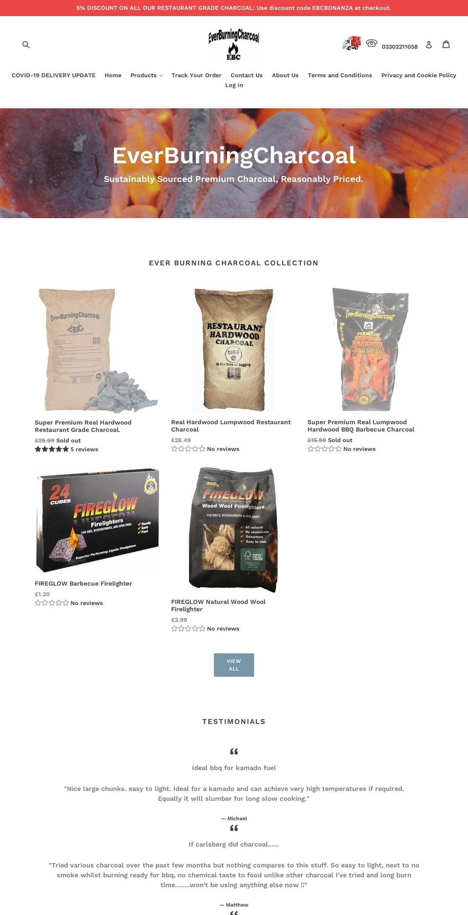 everburningcharcoal.co.uk shopify website screenshot