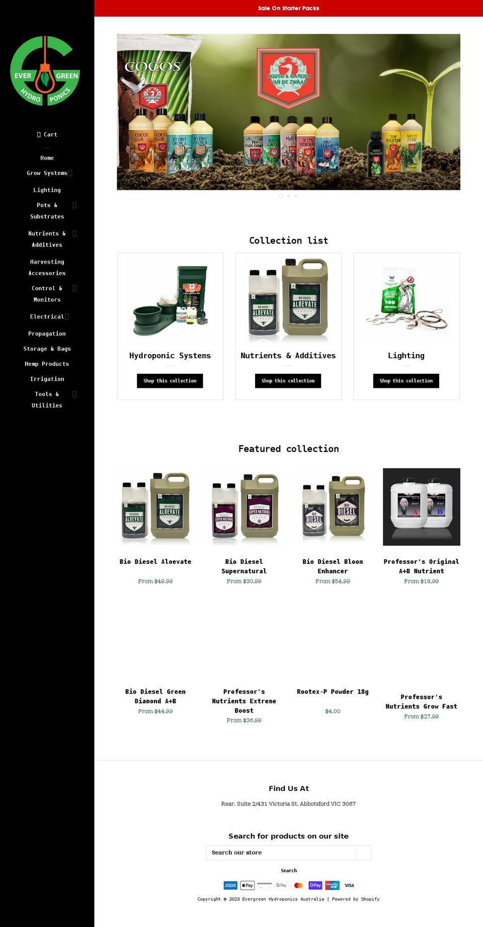 evergreenhydroponics.com.au shopify website screenshot