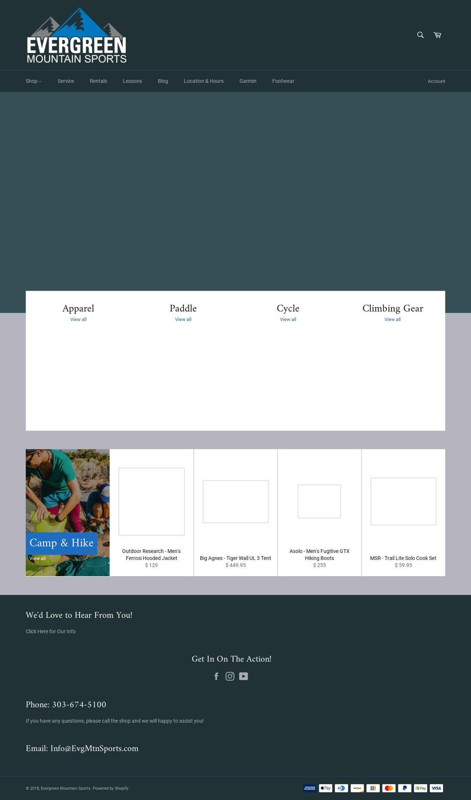 evergreenmountainsports.com — Shopify storefront screenshot