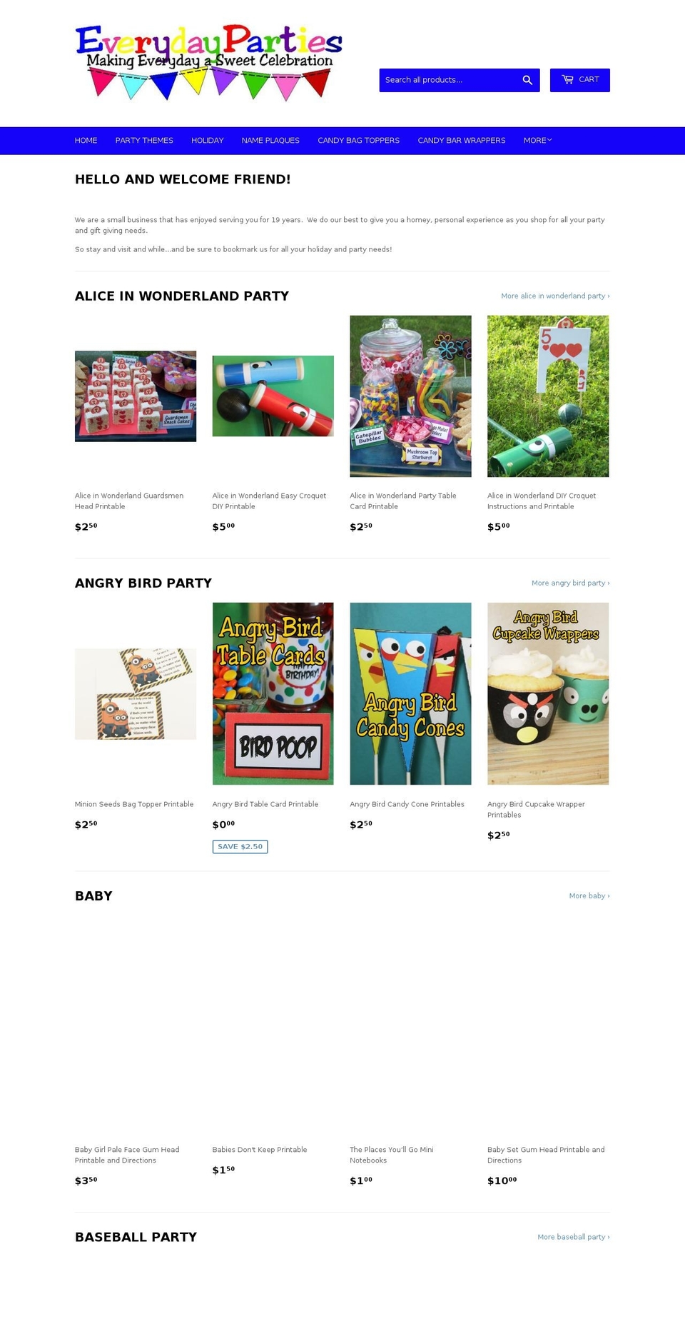 everydaypartiesshop.com shopify website screenshot