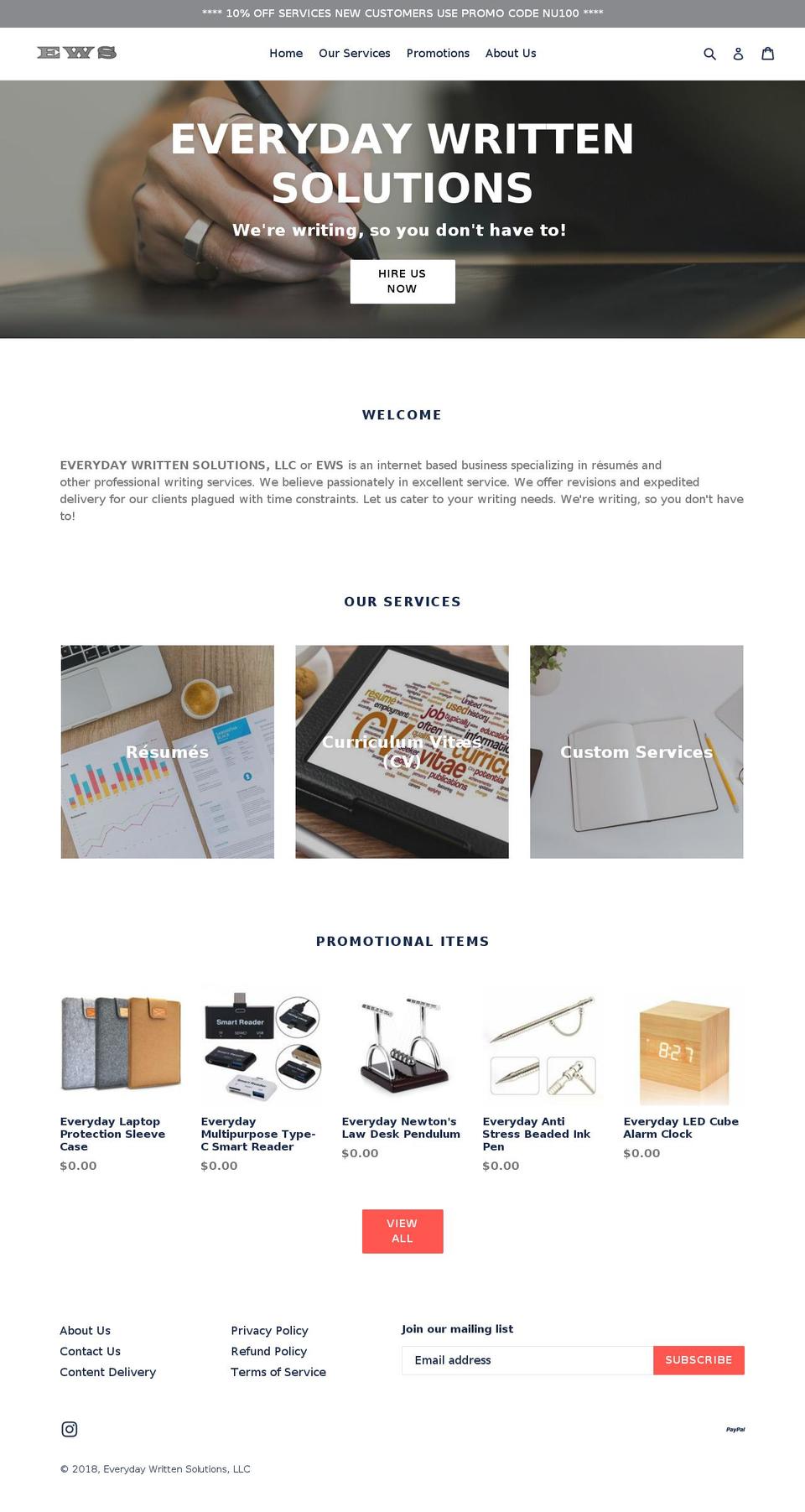 everydaywrittensolutions.com — Shopify storefront screenshot