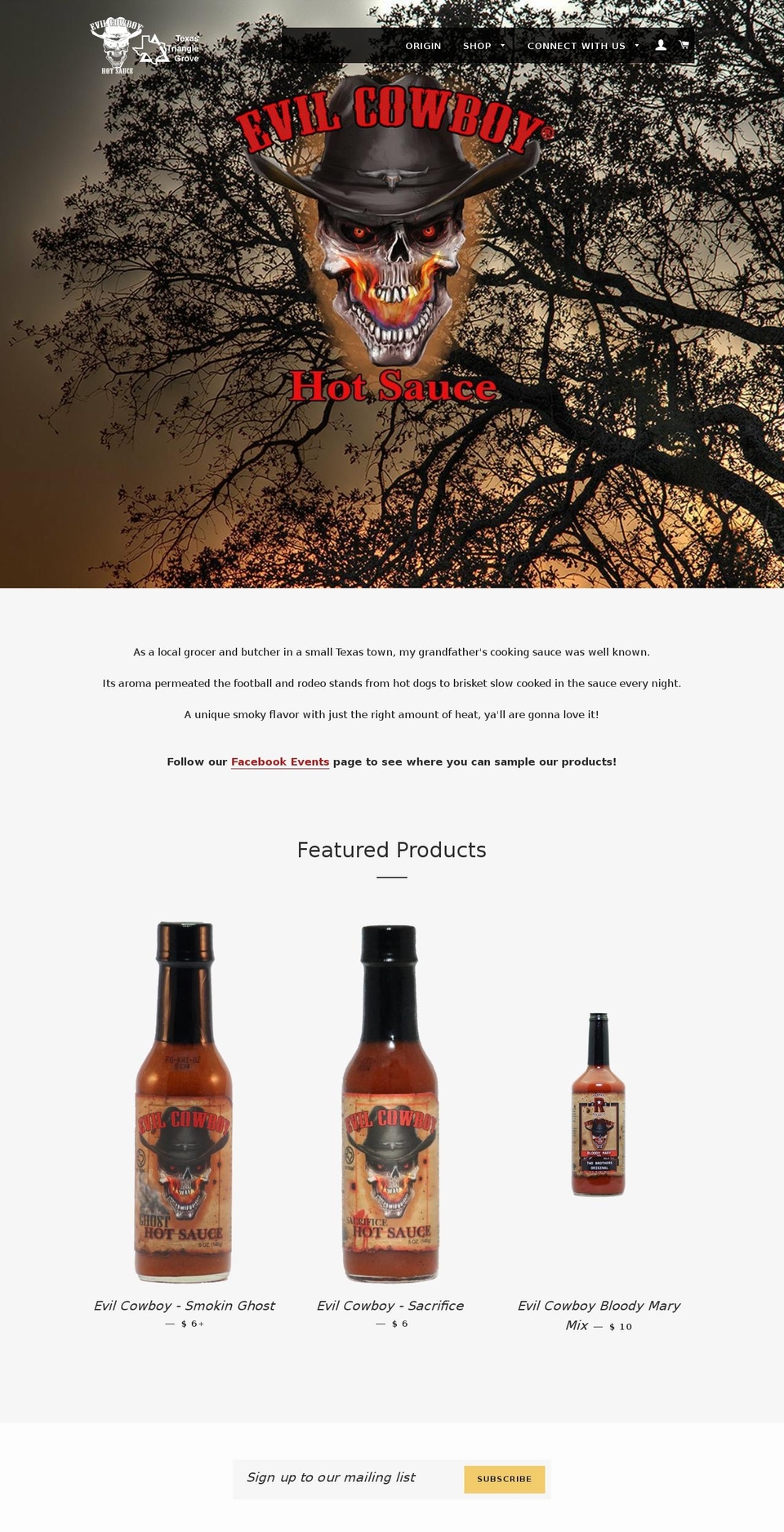 evilcowboyhotsauce.com — Shopify storefront screenshot