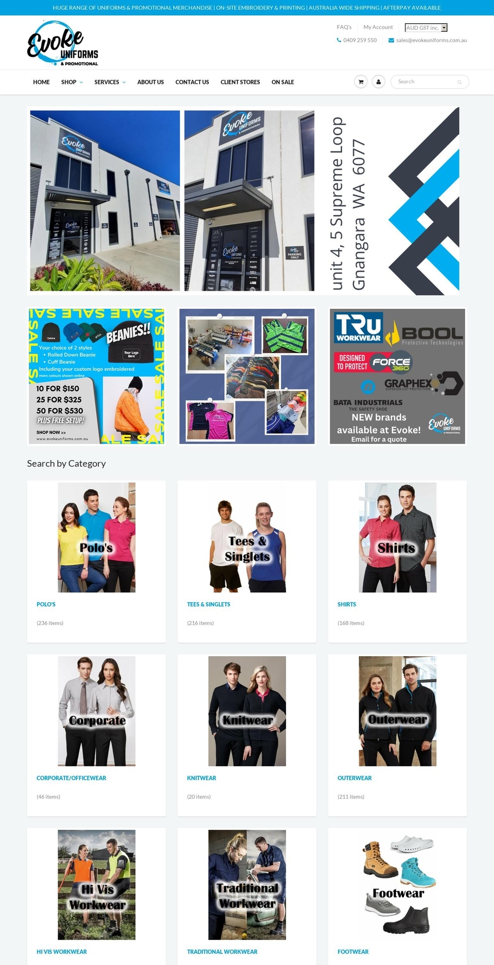 evokeuniforms.com.au shopify website screenshot