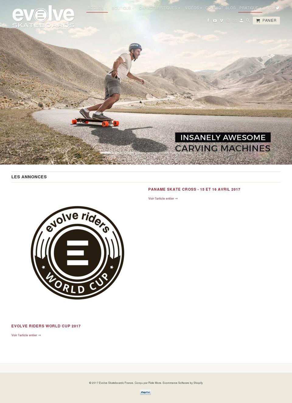 evolveskateboards.fr shopify website screenshot
