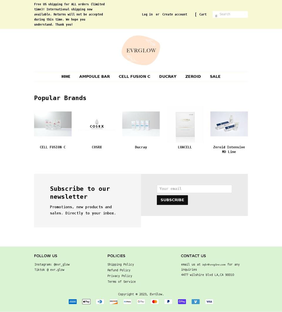 evrglow.com shopify website screenshot
