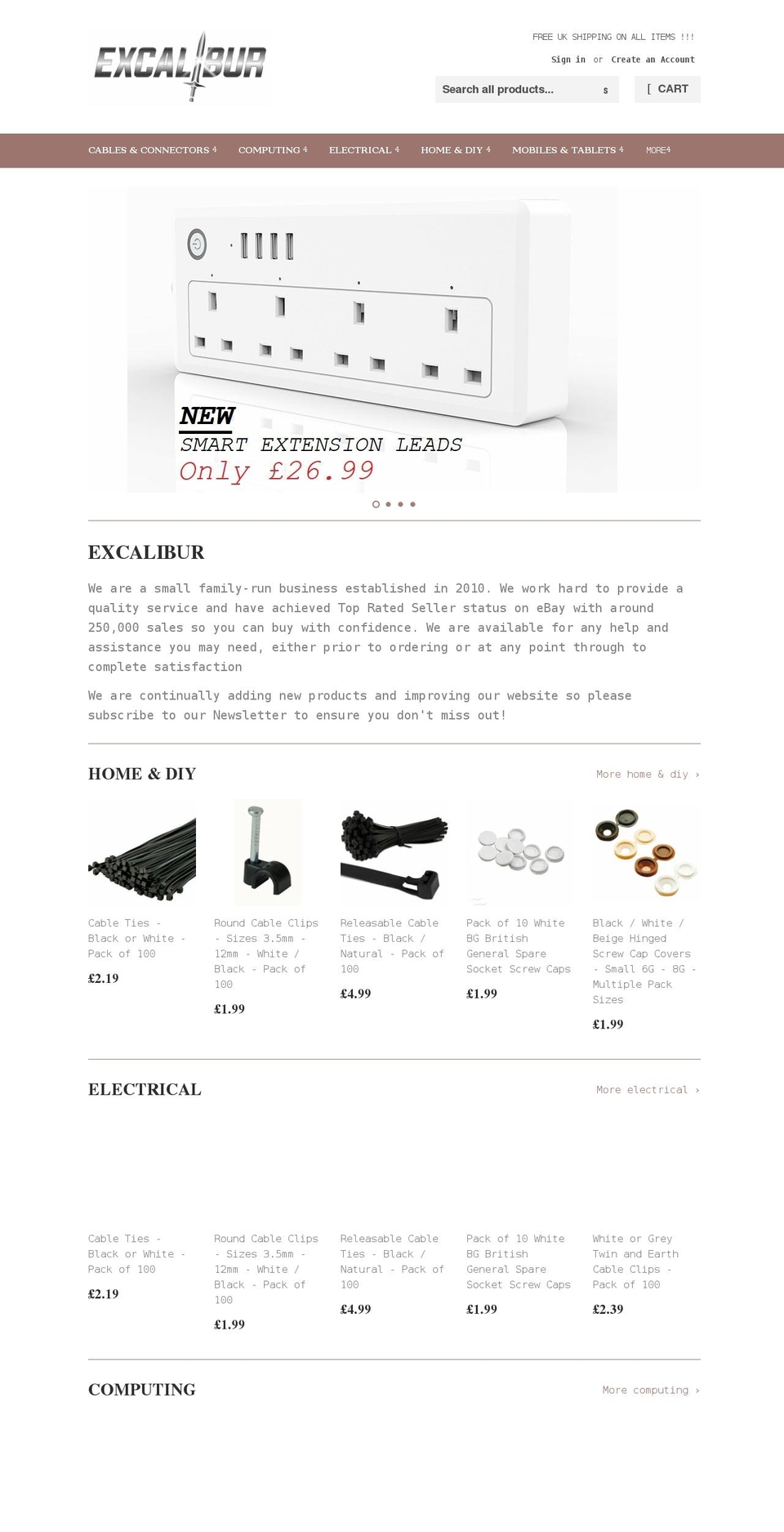 excaliburshop.co.uk shopify website screenshot