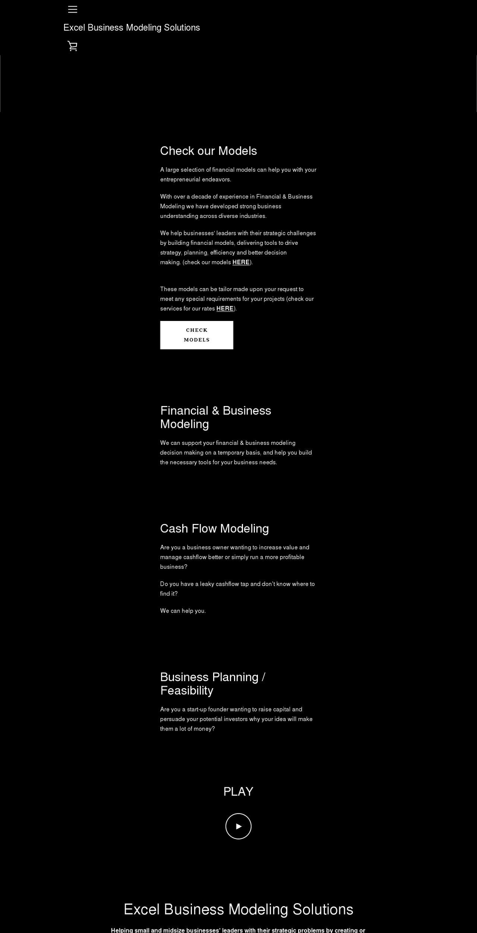 excelbusinessmodeling.com shopify website screenshot
