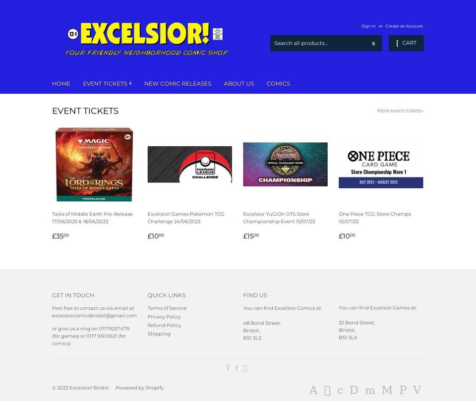 excelsiorgamesandcomics.co.uk shopify website screenshot