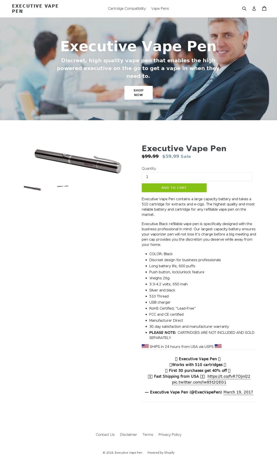 executivevapepen.com — Shopify storefront screenshot