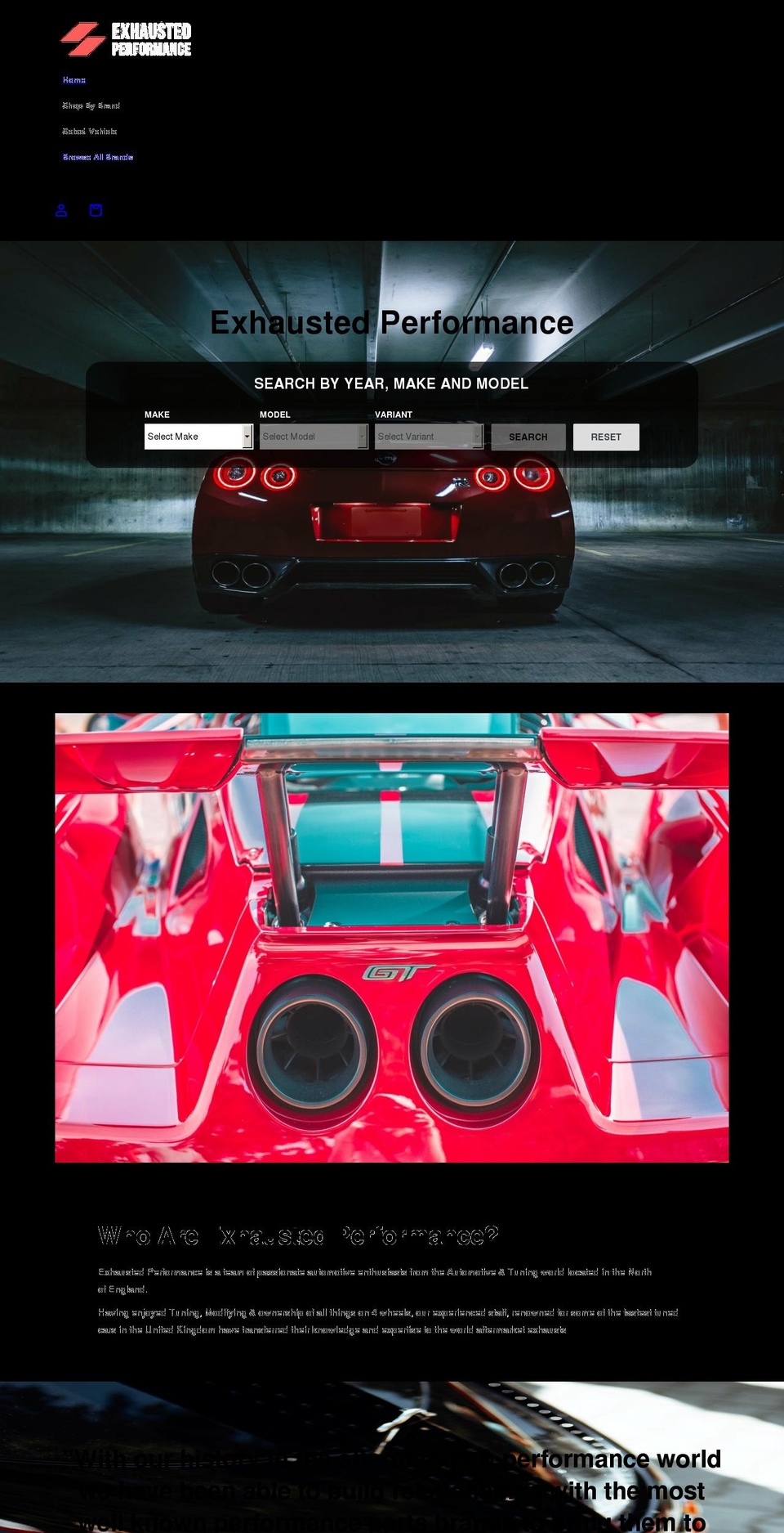 exhaustedperformance.co.uk shopify website screenshot