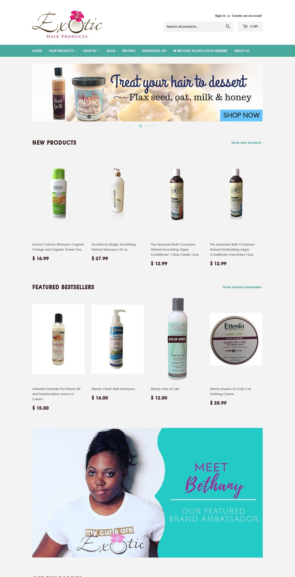 exotichairproducts.com shopify website screenshot