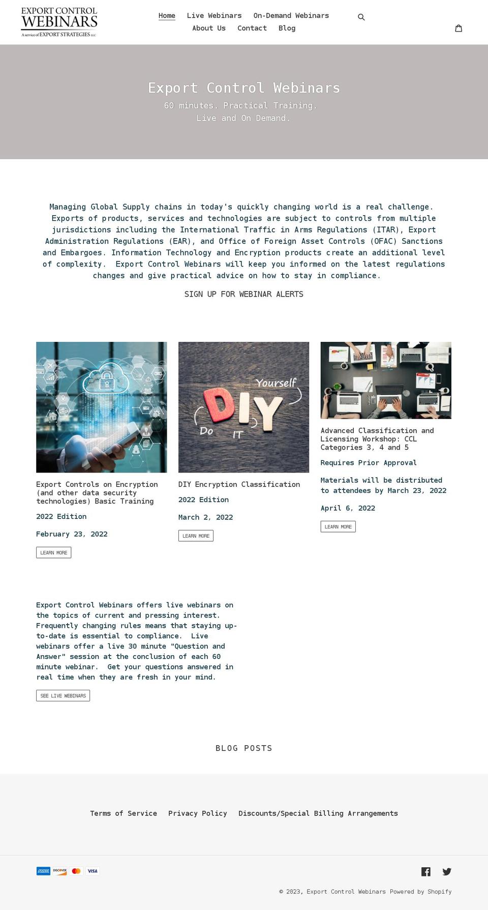 exportcontrolwebinars.com shopify website screenshot