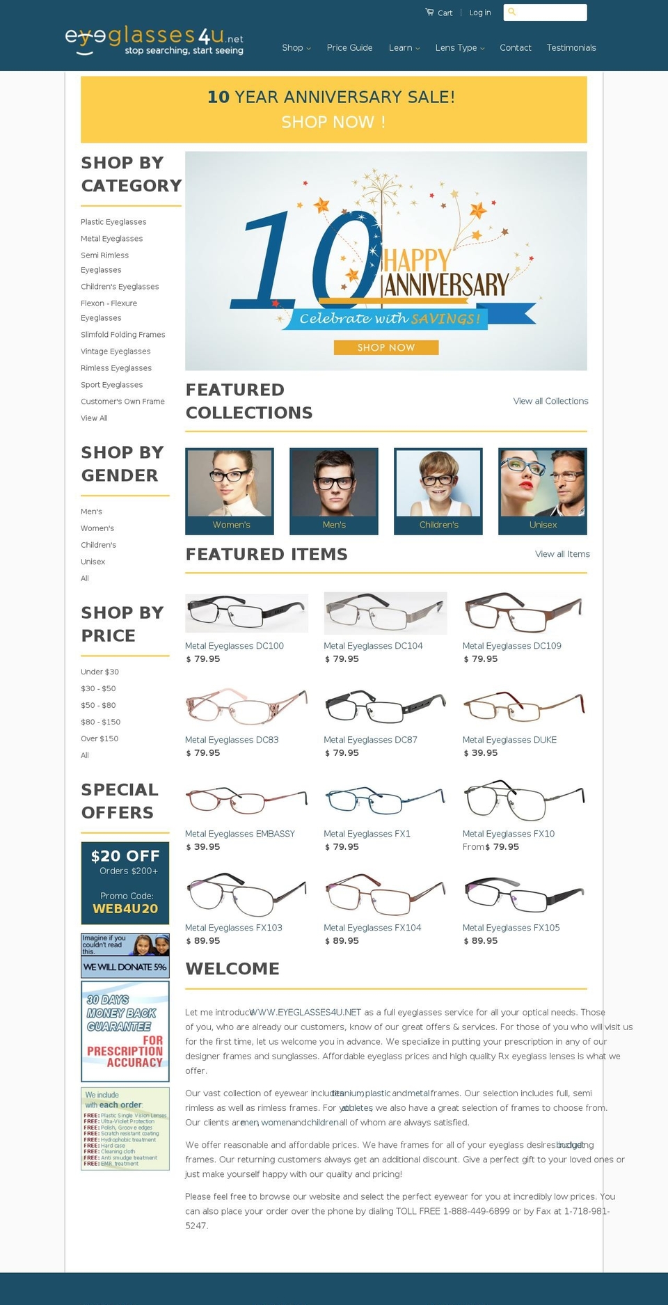 eyeglasses4u.net shopify website screenshot