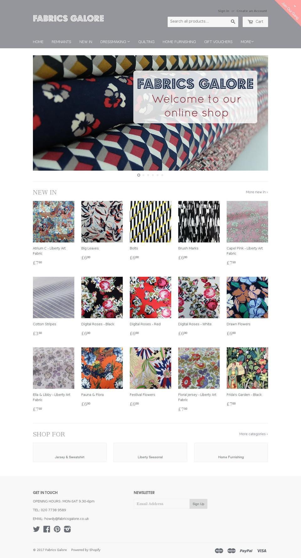 fabricsgalore.co.uk shopify website screenshot