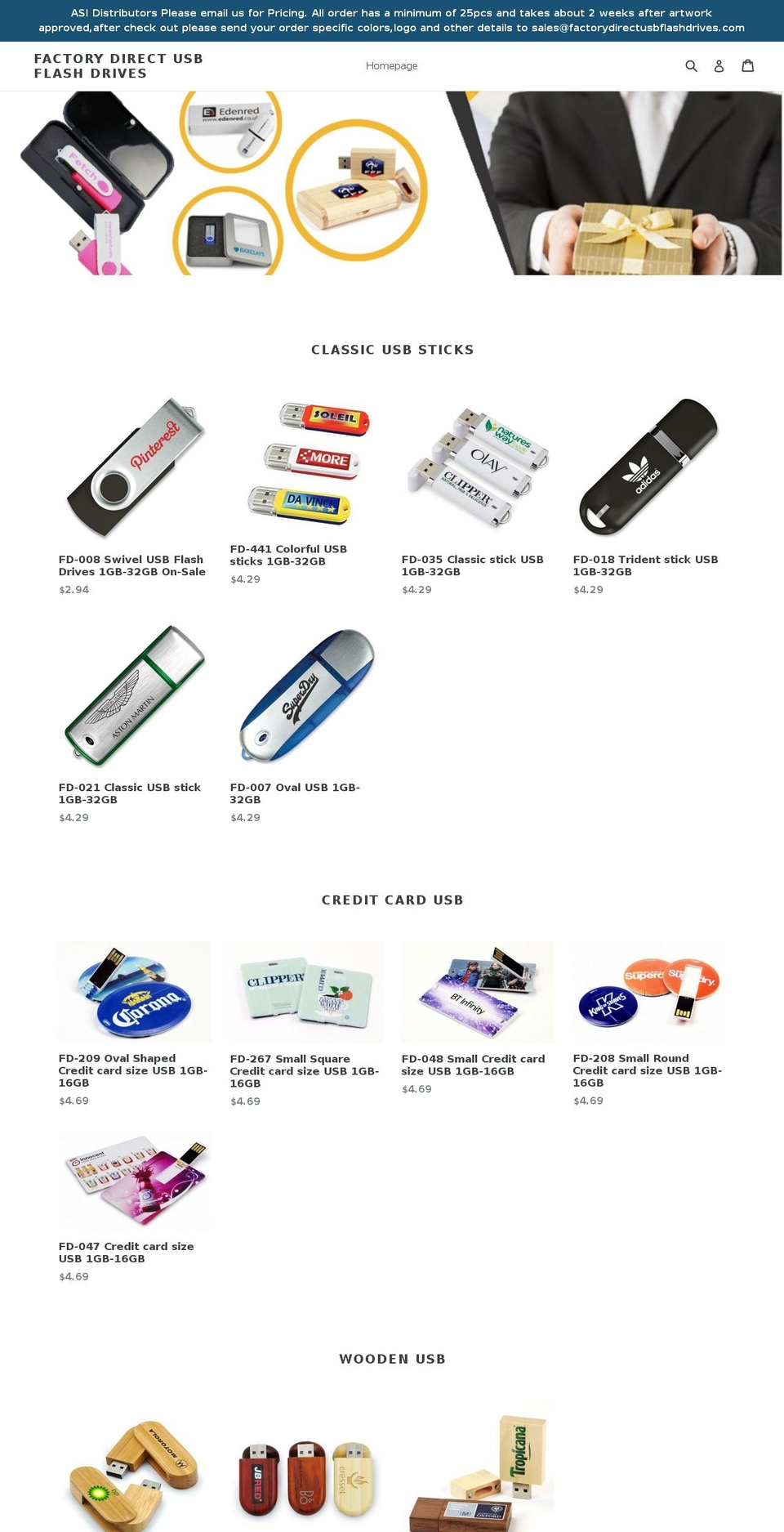 factorydirectusbflashdrives.com shopify website screenshot