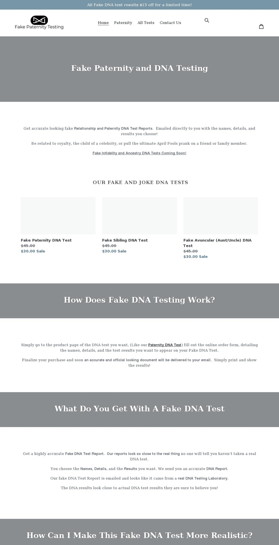 fakepaternitytest.com shopify website screenshot