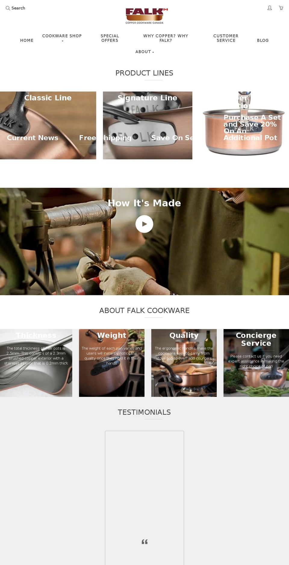 falkcoppercookware.ca shopify website screenshot
