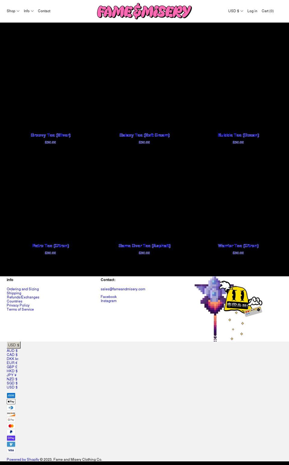 fameandmisery.com shopify website screenshot