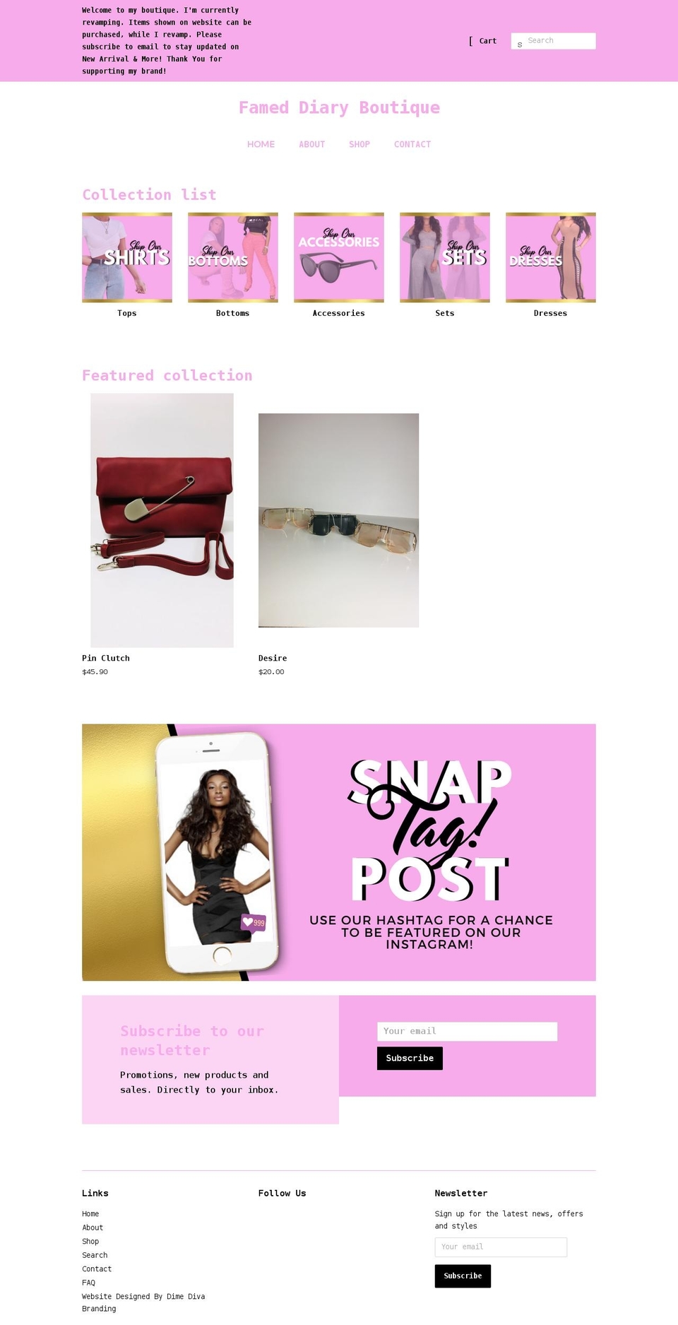 fameddiaryboutique.com shopify website screenshot