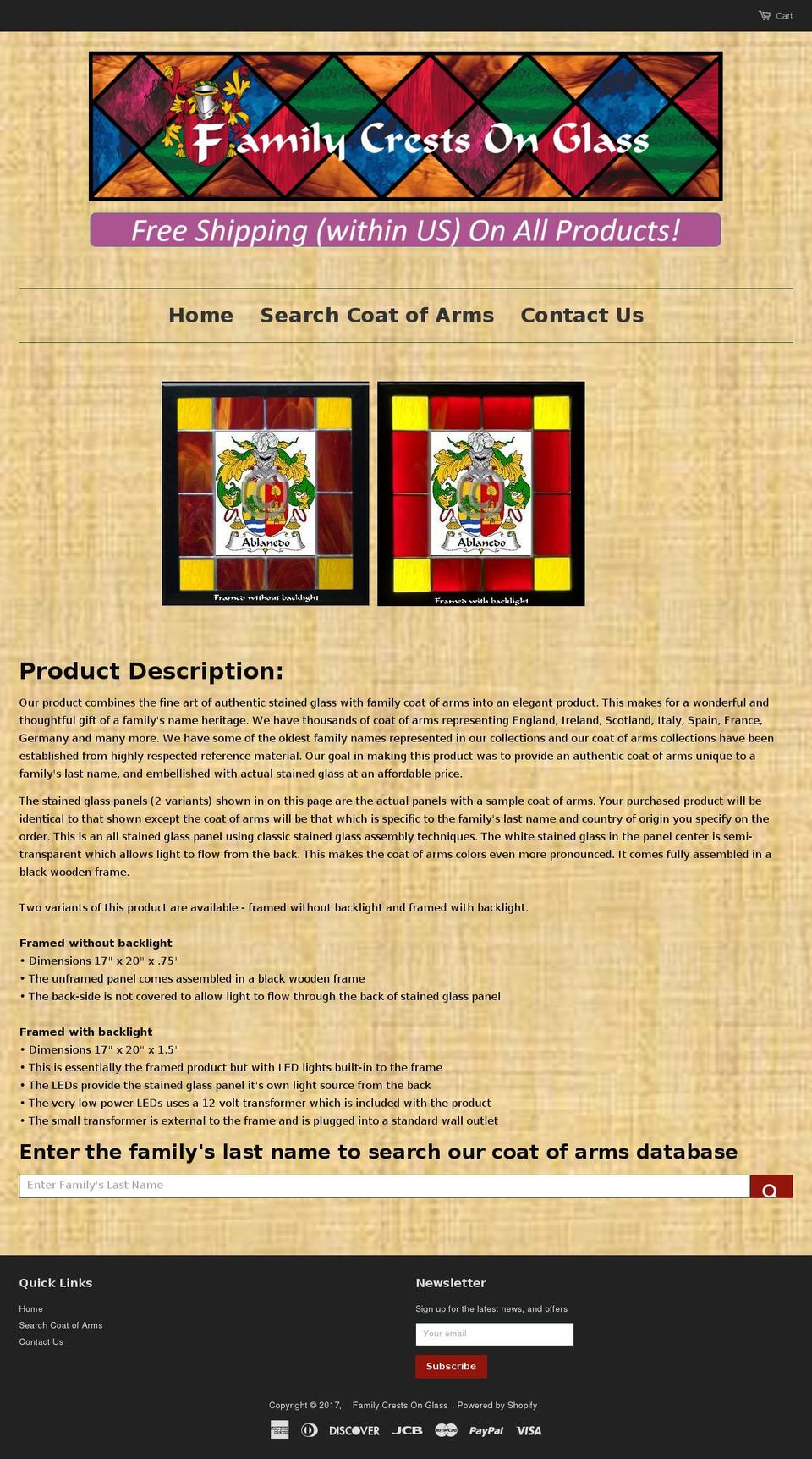 familycrestsonglass.com shopify website screenshot