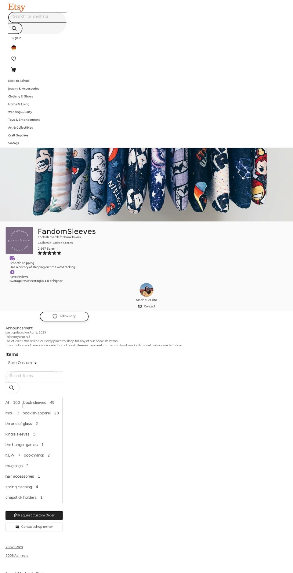 fandomsleeves.com shopify website screenshot