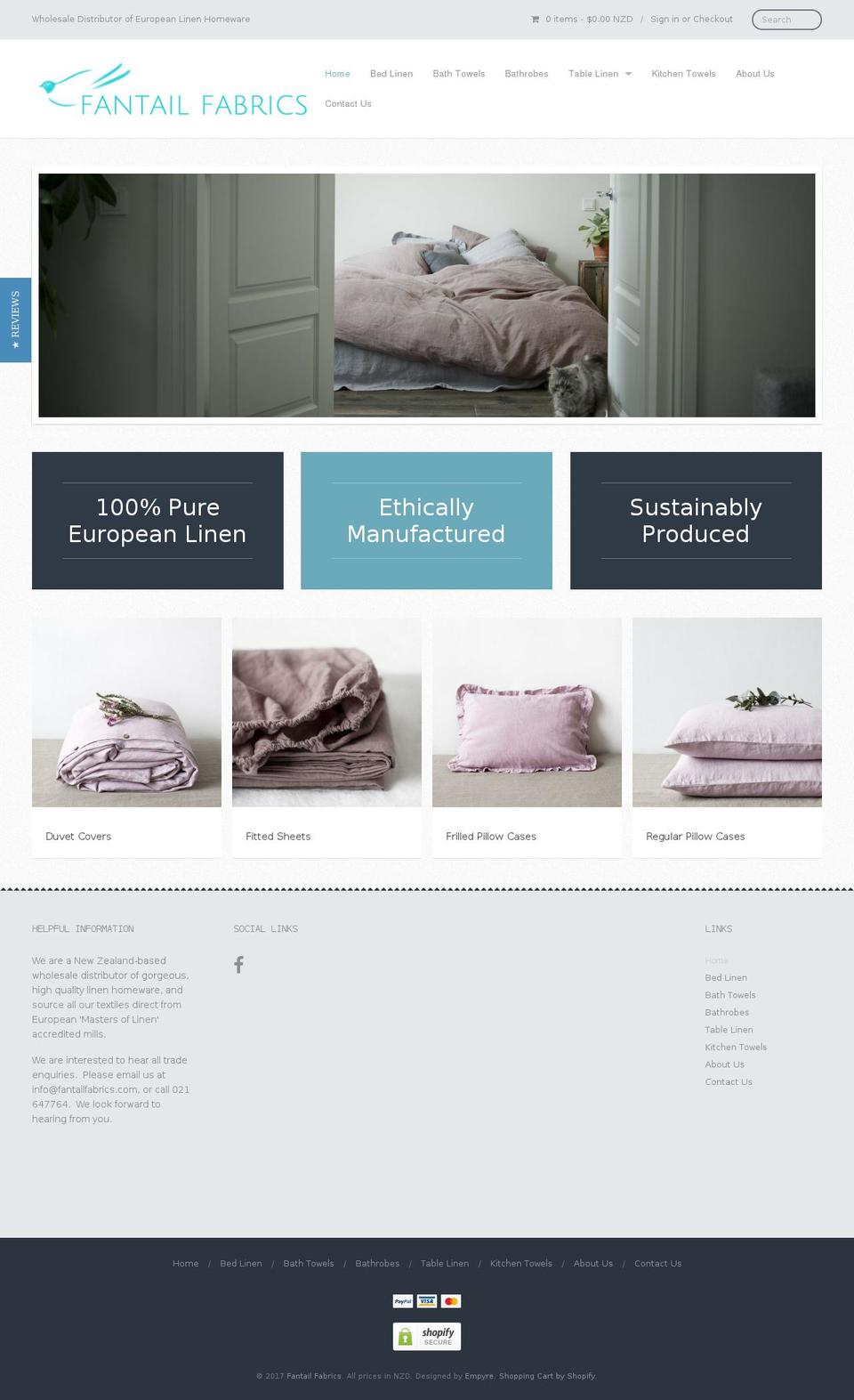 fantailfabrics.com shopify website screenshot
