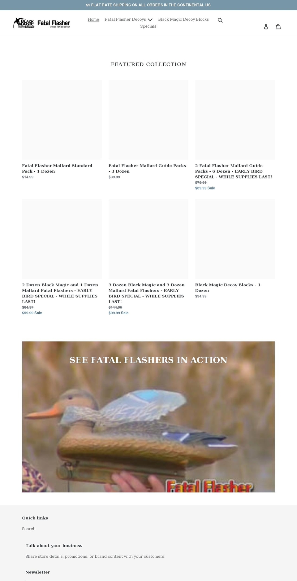 fatalflasherdecoys.com shopify website screenshot