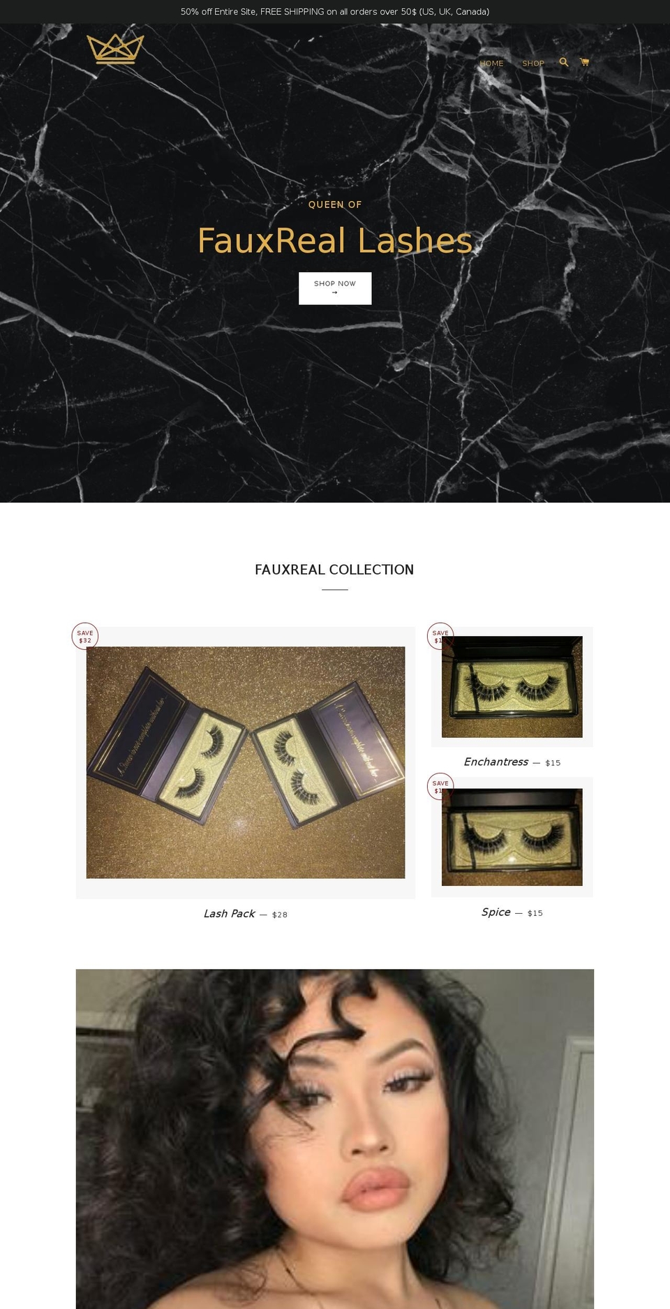 fauxrealashes.com — Shopify storefront screenshot