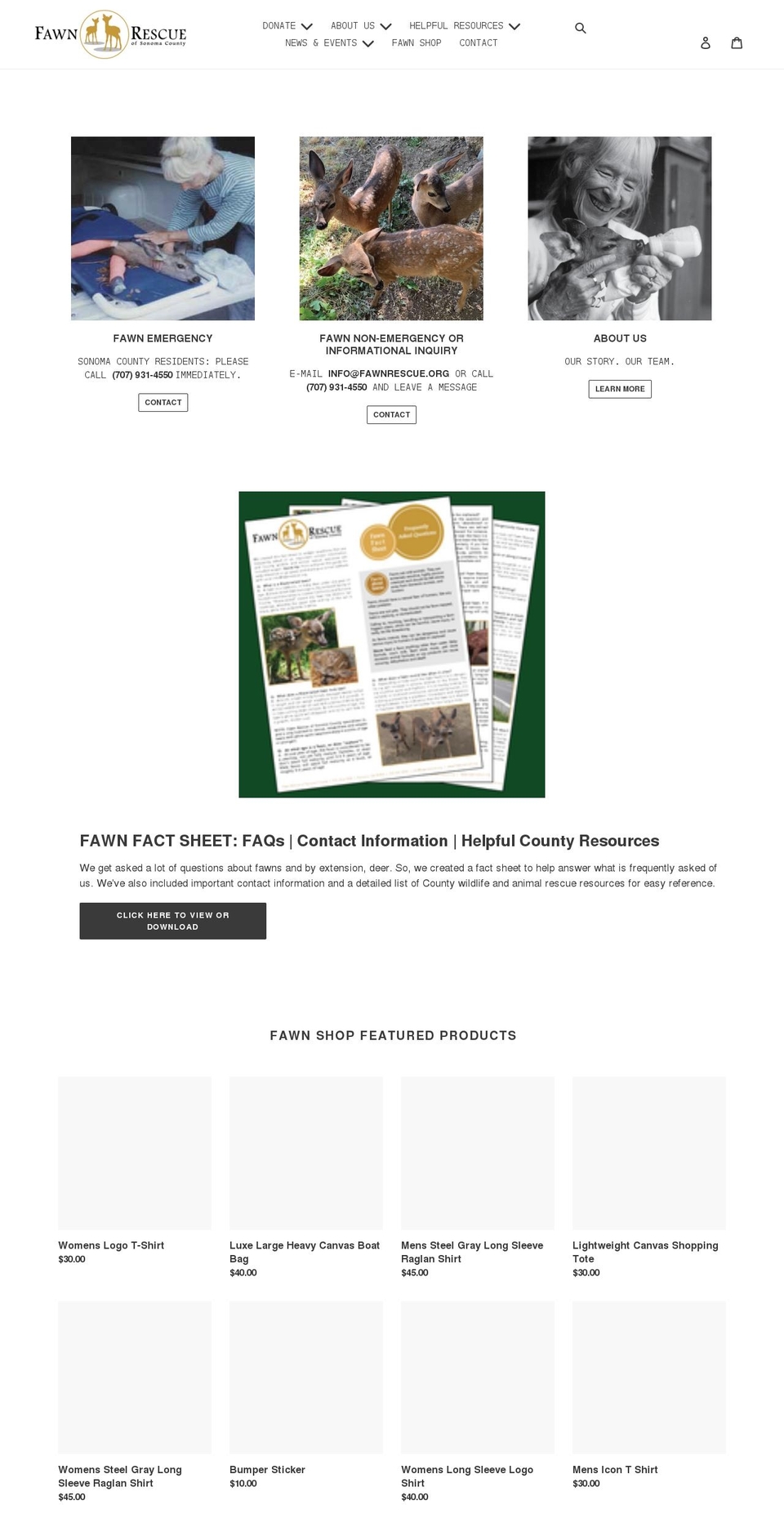 fawnrescue.org shopify website screenshot