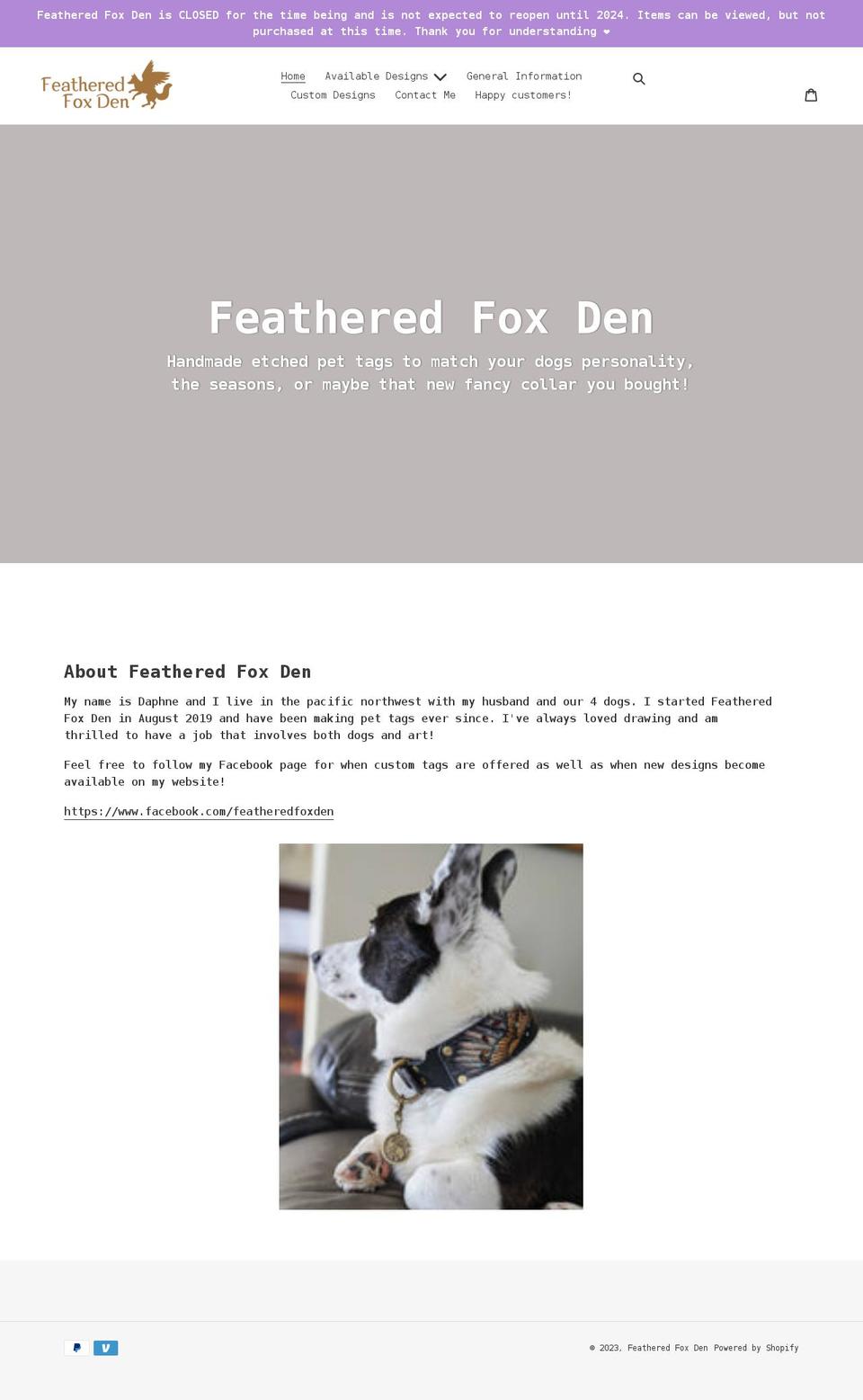 featheredfoxden.com shopify website screenshot