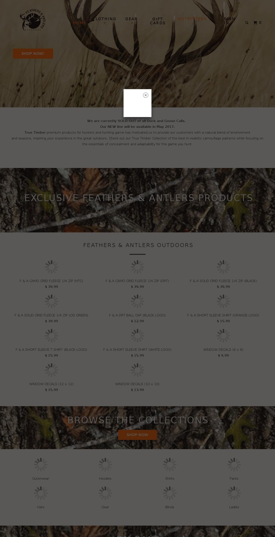 feathersandantlersoutdoors.com shopify website screenshot