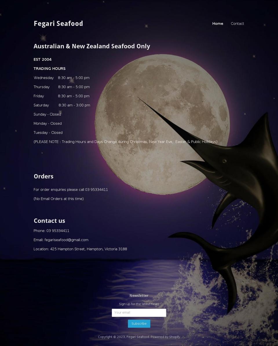 fegariseafood.com.au shopify website screenshot
