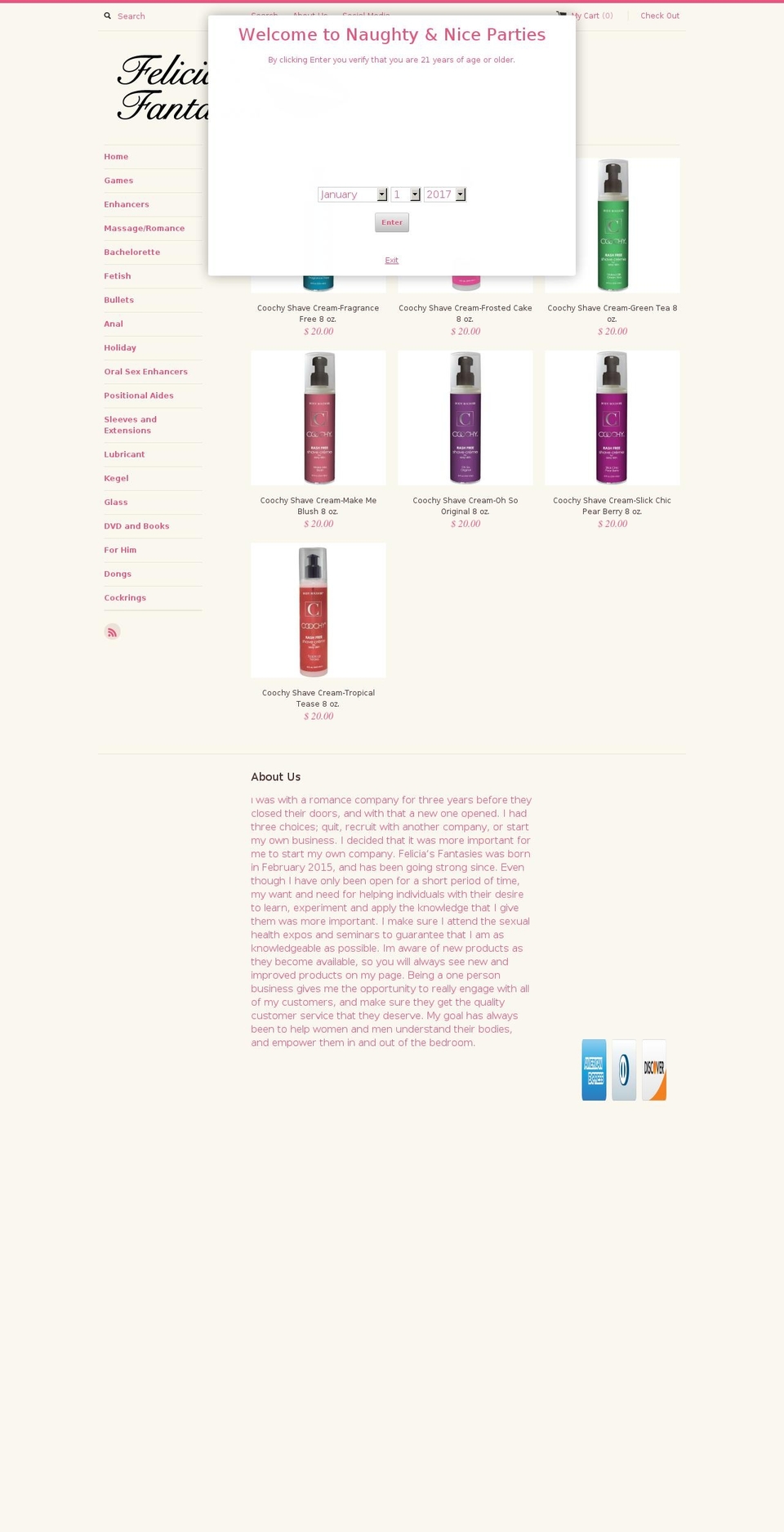 feliciasfantasies.com shopify website screenshot