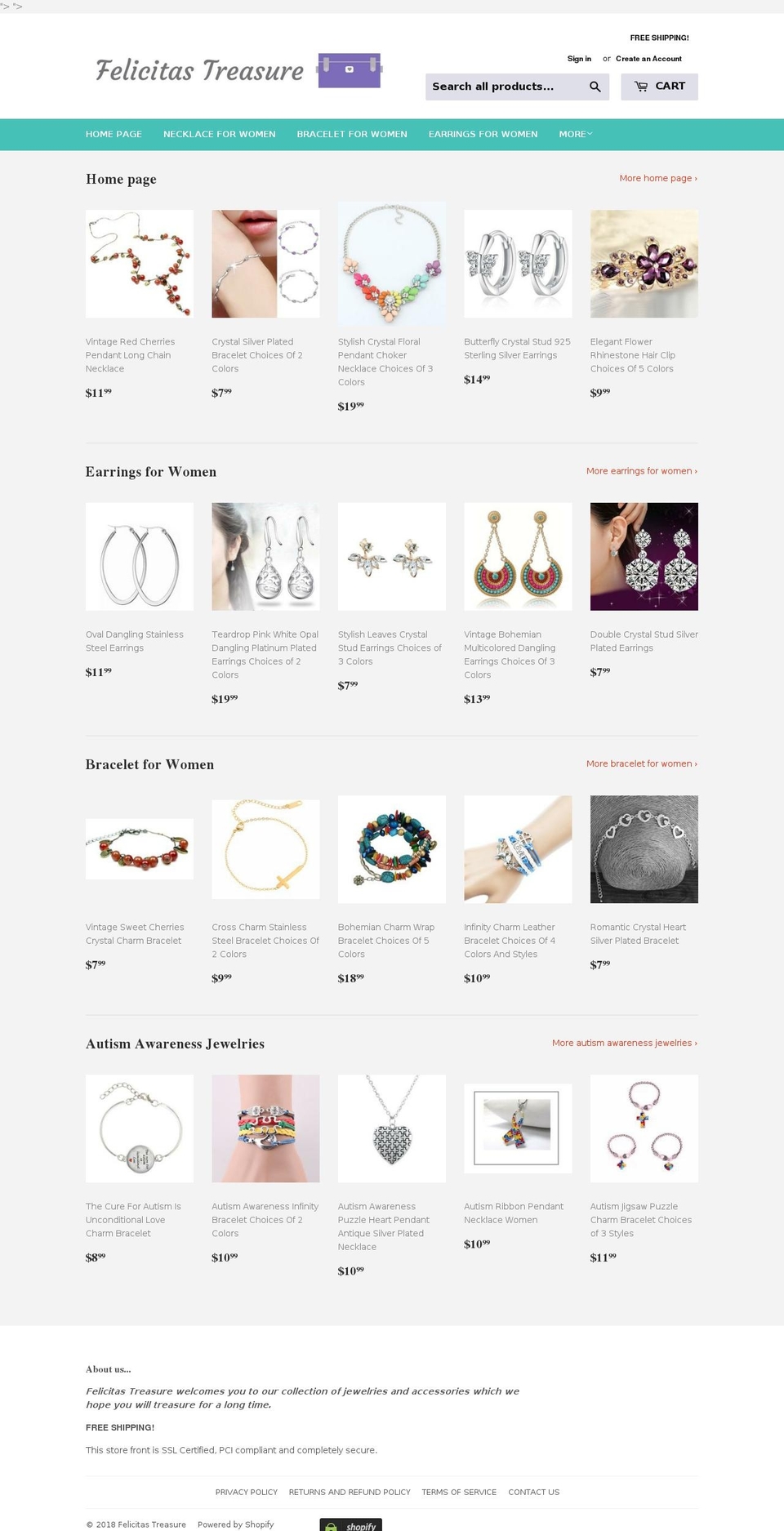felicitastreasure.com — Shopify storefront screenshot