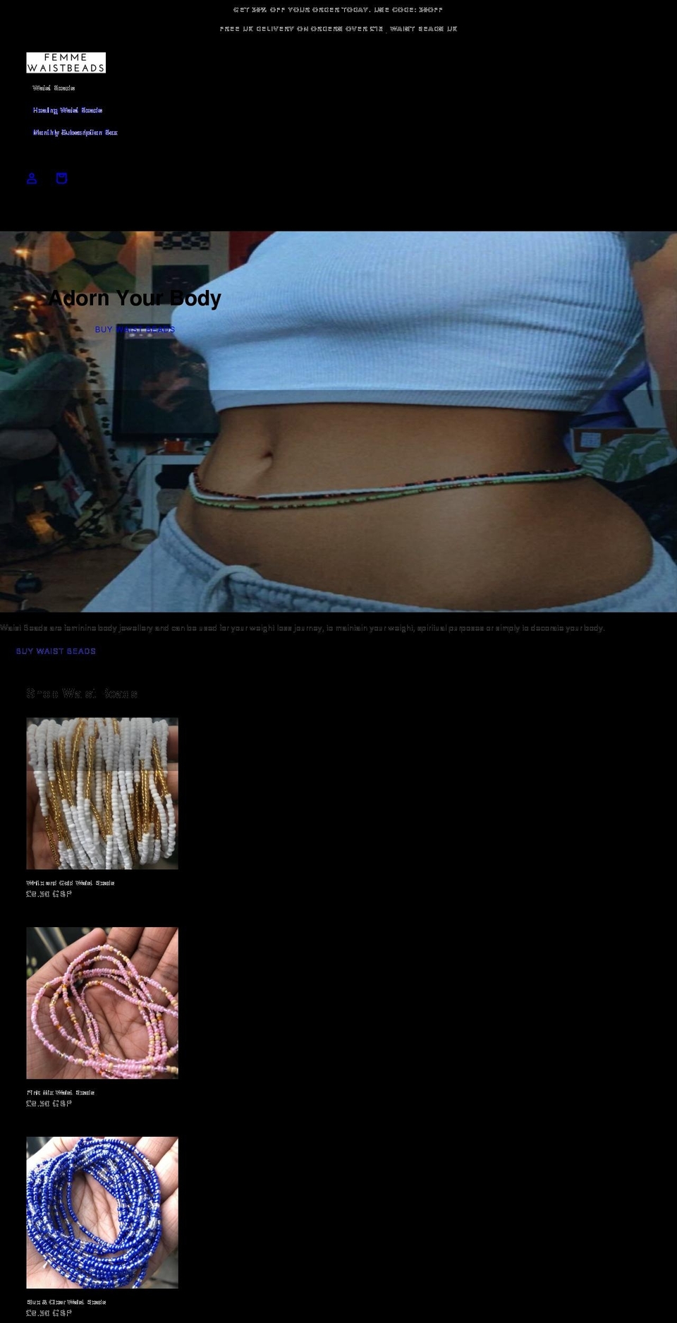 femmewaistbeads.com shopify website screenshot