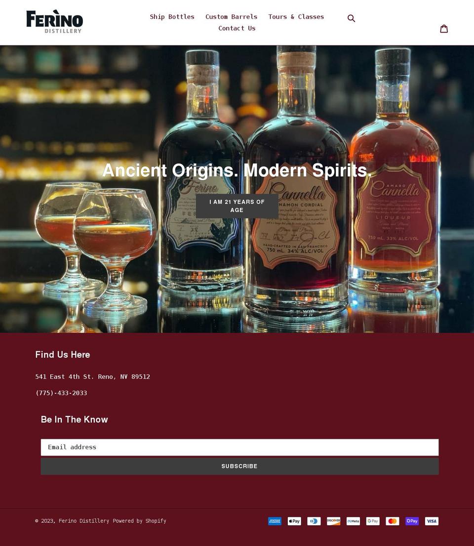ferinodistillery.com shopify website screenshot